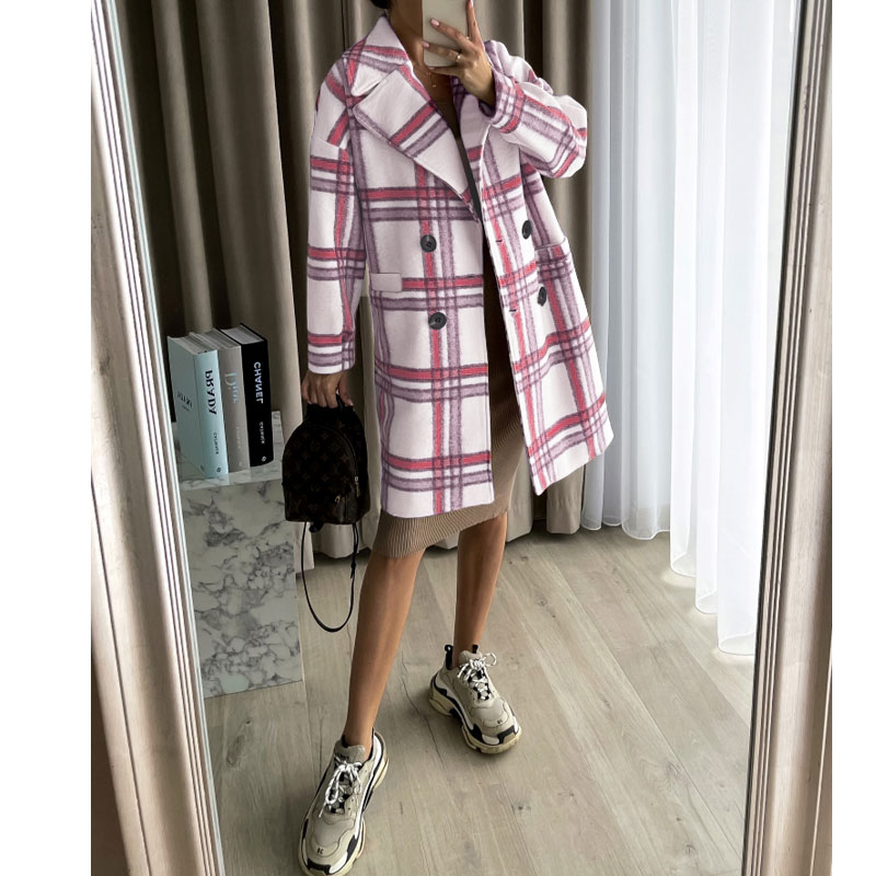 Fashion Plaid Button Woolen Double Breasted Coat Woolen Coat display picture 2
