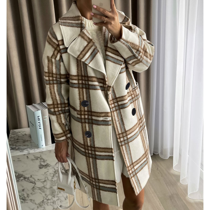 Fashion Plaid Button Woolen Double Breasted Coat Woolen Coat display picture 4