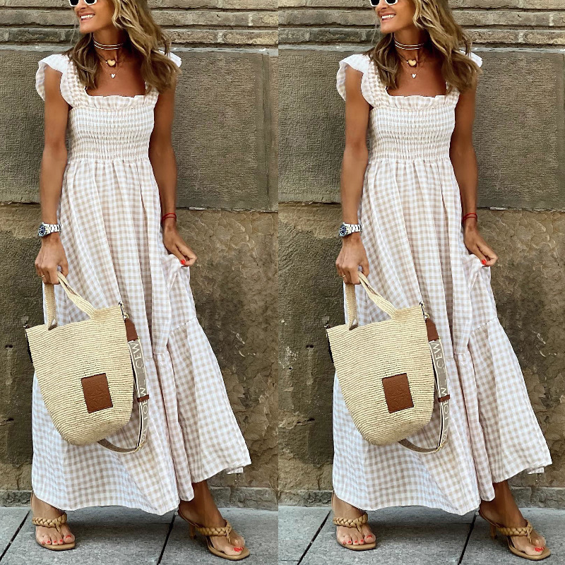 Women's A-line Skirt Regular Dress Bodycon Dress Simple Style Classic Style U Neck Boat Neck Ruffles Ruffle Hem Ruched Sleeveless Gingham Simple Solid Color Maxi Long Dress Casual Outdoor Daily display picture 12