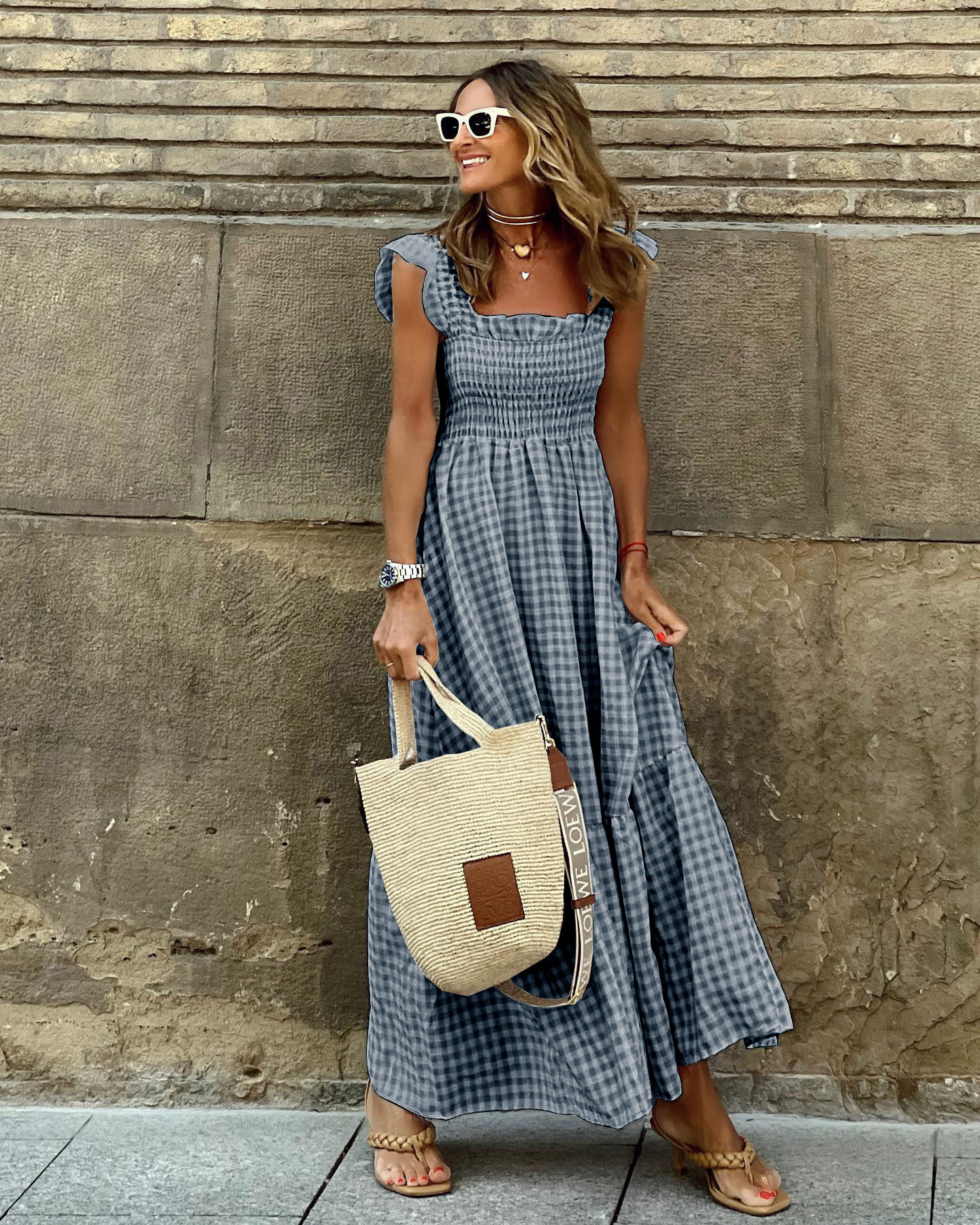 Women's A-line Skirt Regular Dress Bodycon Dress Simple Style Classic Style U Neck Boat Neck Ruffles Ruffle Hem Ruched Sleeveless Gingham Simple Solid Color Maxi Long Dress Casual Outdoor Daily display picture 3