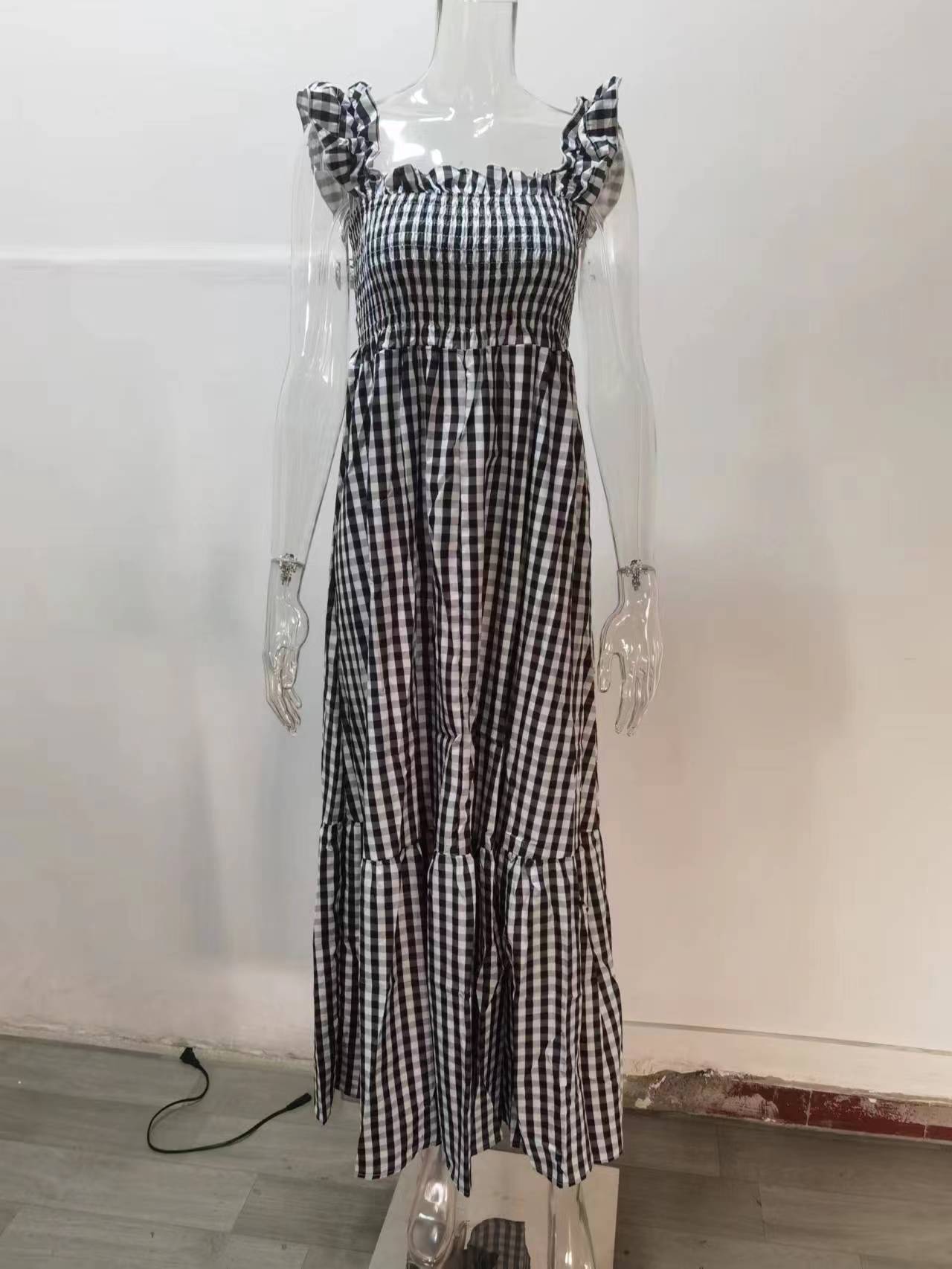 Women's A-line Skirt Regular Dress Bodycon Dress Simple Style Classic Style U Neck Boat Neck Ruffles Ruffle Hem Ruched Sleeveless Gingham Simple Solid Color Maxi Long Dress Casual Outdoor Daily display picture 7