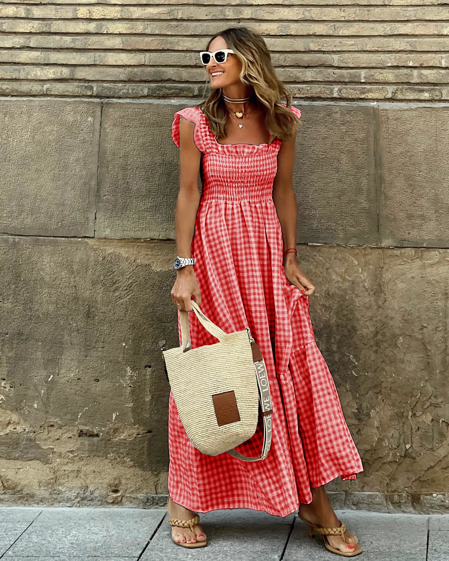 Women's A-line Skirt Regular Dress Bodycon Dress Simple Style Classic Style U Neck Boat Neck Ruffles Ruffle Hem Ruched Sleeveless Gingham Simple Solid Color Maxi Long Dress Casual Outdoor Daily display picture 5