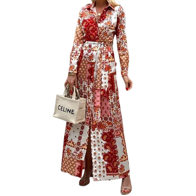 Frau Hemdkleid Einfacher Stil Hemdkragen Drucken Lange Ärmel Farbblock Maxi Langes Kleid Reisen Selfie display picture 5