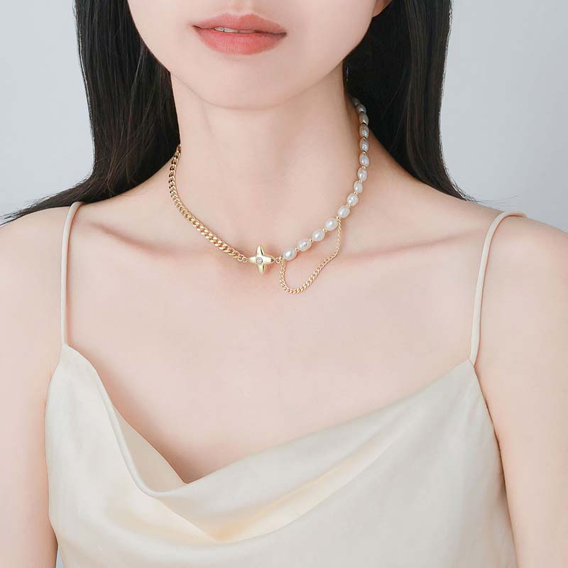Ig Style Commute Color Block Alloy Freshwater Pearl Copper Polishing Plating Inlay Zircon Gold Plated Pendant Necklace display picture 1