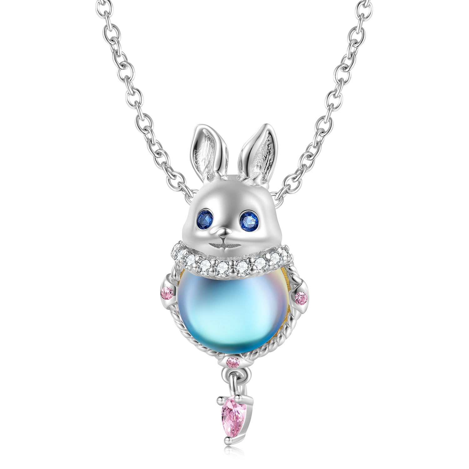 Sterling Silver Cartoon Style Rabbit Animal Plating Inlay Moonstone Zircon Pendant Necklace display picture 5