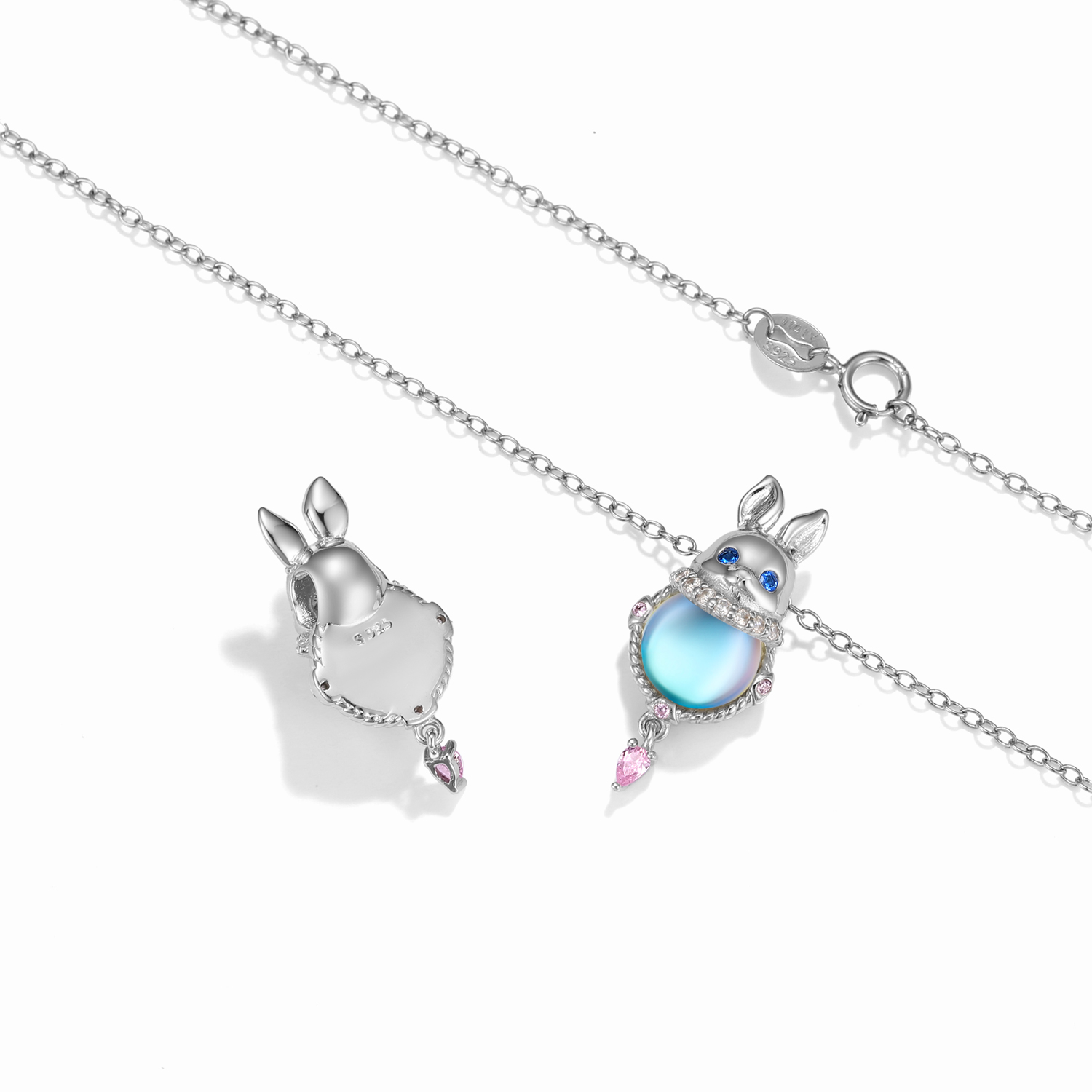 Sterling Silver Cartoon Style Rabbit Animal Plating Inlay Moonstone Zircon Pendant Necklace display picture 7