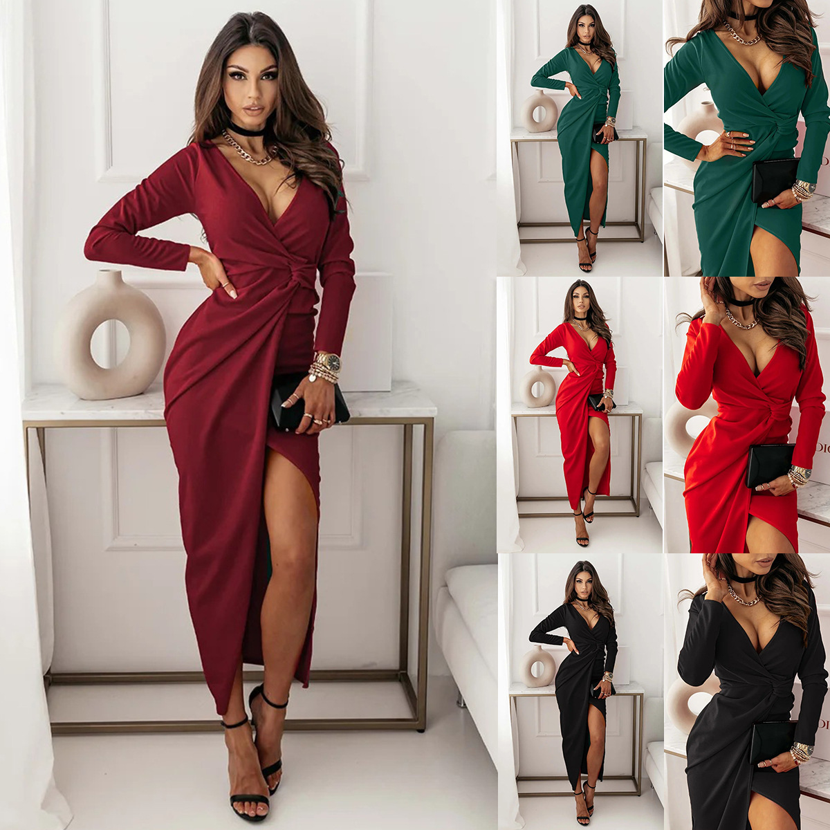 Women's Party Dress Sexy V Neck Criss Cross Slit Long Sleeve Solid Color Midi Dress Daily Swimming Pool Beach display picture 14