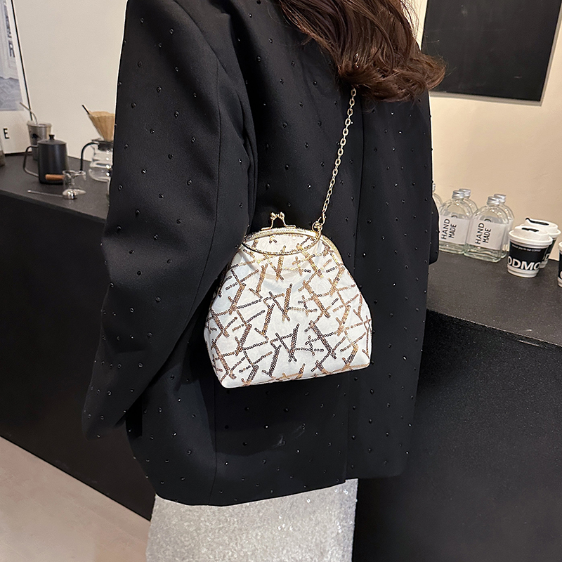 Women's Pu Leather Gauze Solid Color Classic Style Sequins Clipped Button Dome Bag display picture 13