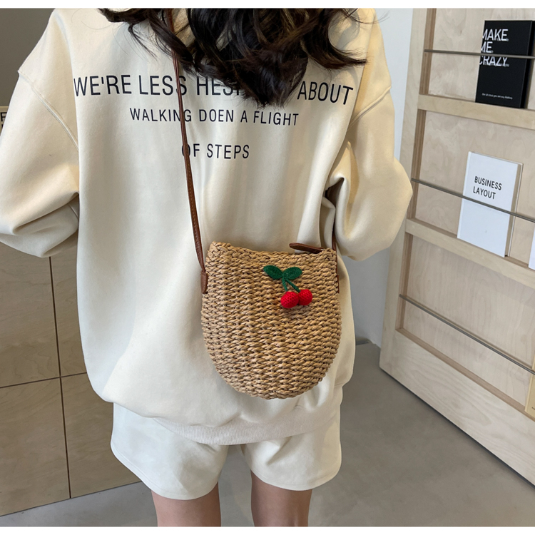 Women's Medium Straw Letter Fruit Vacation Beach Weave Bucket Zipper Straw Bag display picture 9