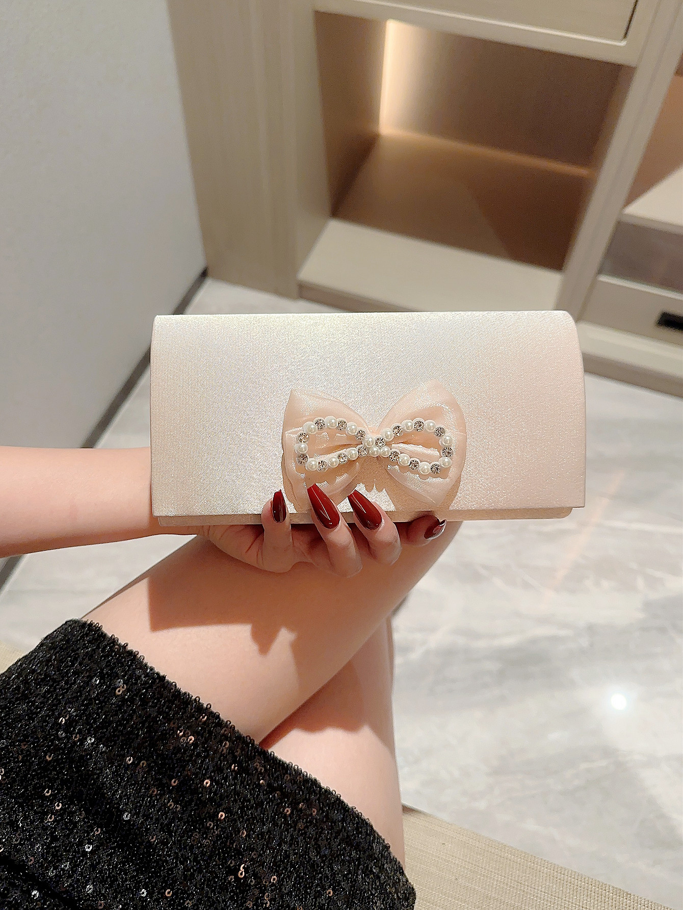 Apricot Silver Polyester Solid Color Bow Knot Square Evening Bags display picture 3