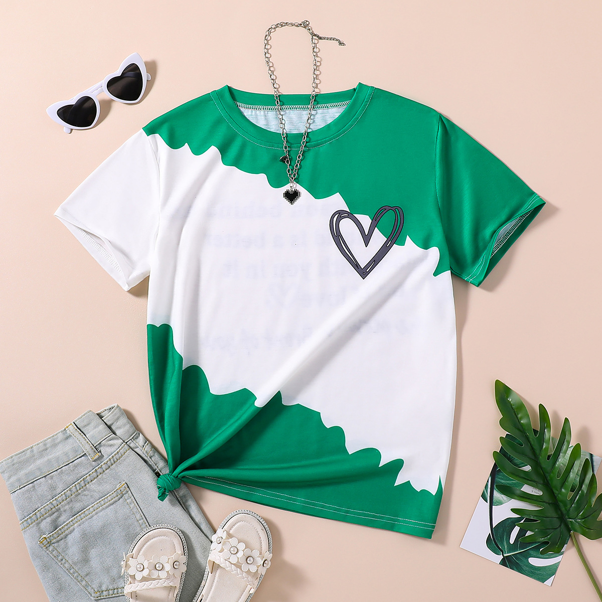 Casual Color Block Heart Shape Printing Polyester T-shirts & Shirts display picture 1