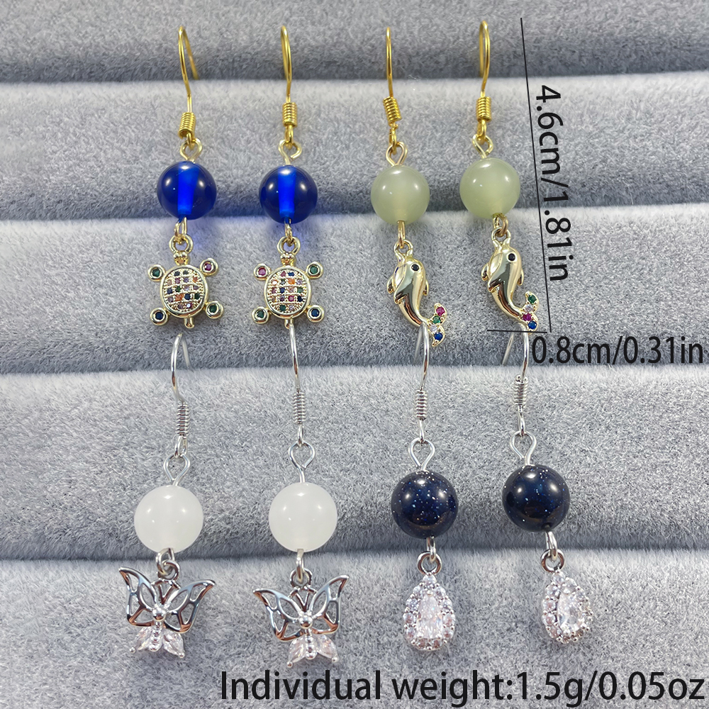 1 Set Cute Simple Style Tortoise Dolphin Butterfly Plating Inlay Natural Stone Copper Zircon Natural Stone Zircon 18K Gold Plated White Gold Plated Drop Earrings display picture 10