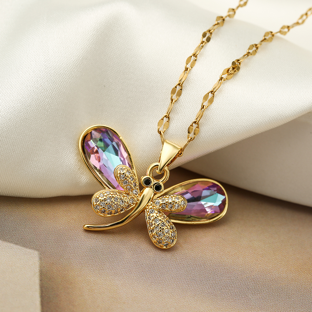Elegant Dragonfly Stainless Steel Copper Plating Inlay Zircon 18k Gold Plated Pendant Necklace display picture 5