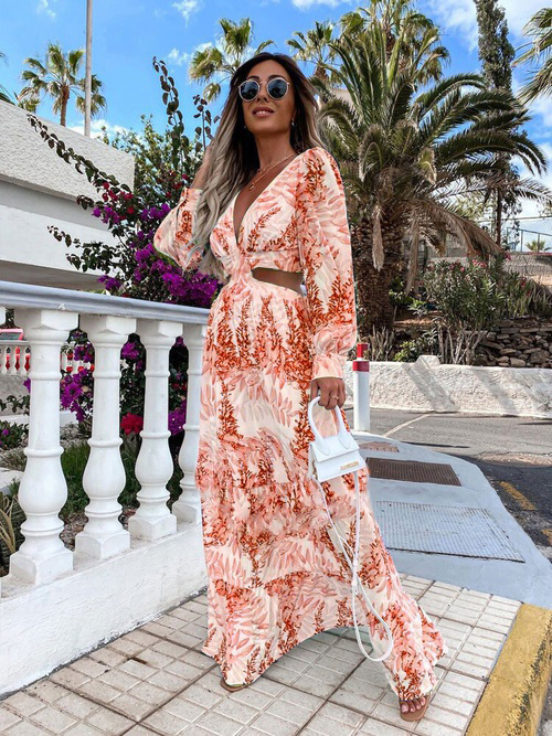 Women's A-line Skirt Elegant V Neck Printing Long Sleeve Printing Maxi Long Dress Daily display picture 2