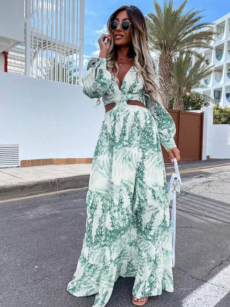 Women's A-line Skirt Elegant V Neck Printing Long Sleeve Printing Maxi Long Dress Daily display picture 4