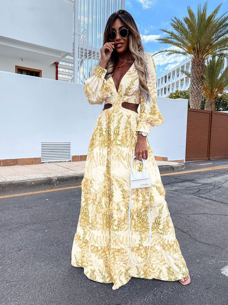 Women's A-line Skirt Elegant V Neck Printing Long Sleeve Printing Maxi Long Dress Daily display picture 5
