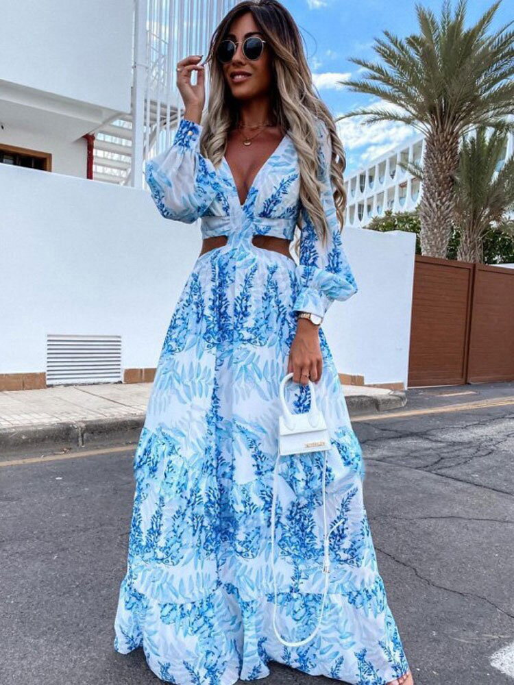 Women's A-line Skirt Elegant V Neck Printing Long Sleeve Printing Maxi Long Dress Daily display picture 3