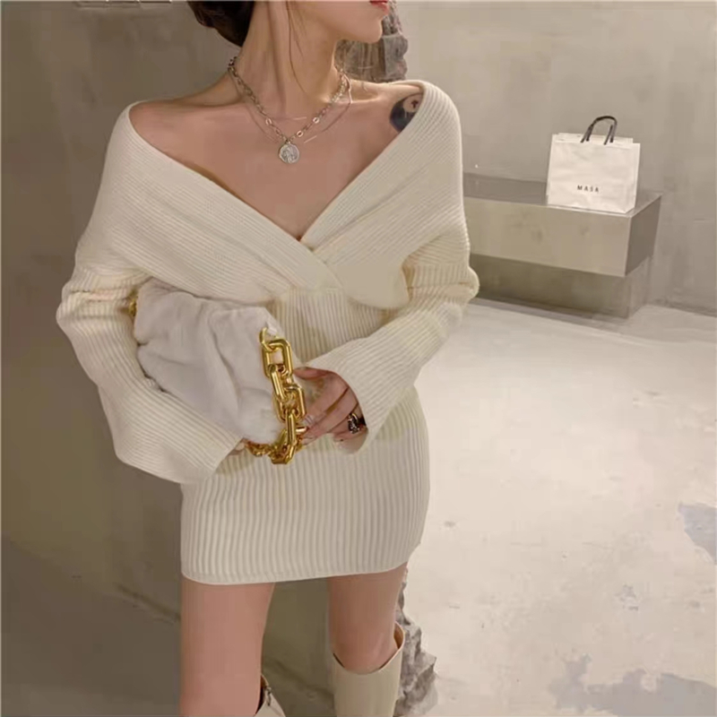 Women's Sweater Dress Casual Sexy V Neck Long Sleeve Solid Color Short Mini Dress Daily display picture 4