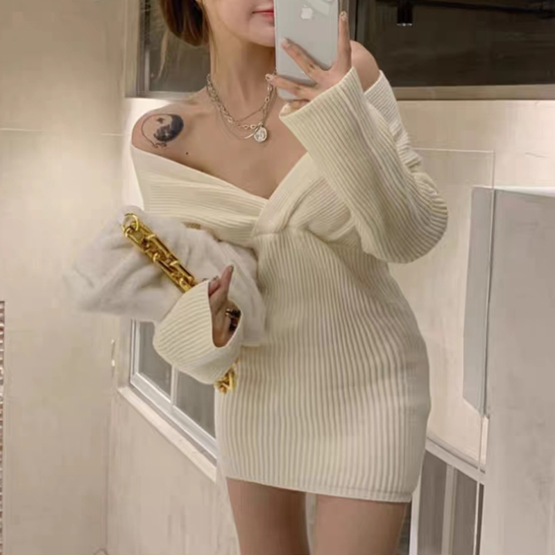 Women's Sweater Dress Casual Sexy V Neck Long Sleeve Solid Color Short Mini Dress Daily display picture 10