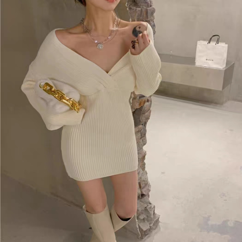 Women's Sweater Dress Casual Sexy V Neck Long Sleeve Solid Color Short Mini Dress Daily display picture 7