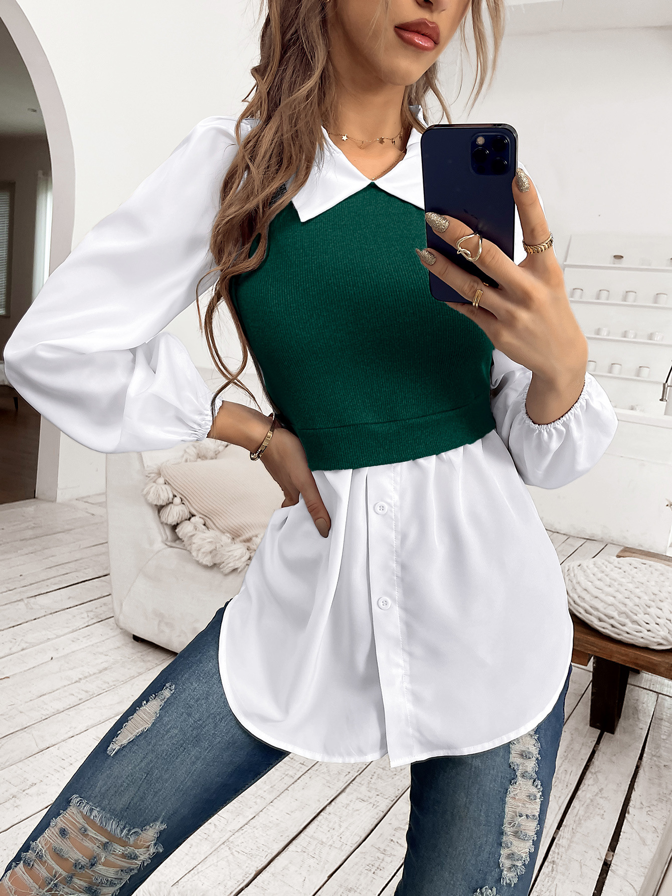 Women's Blouse Long Sleeve Blouses 2 In 1 Button Simple Style Color Block display picture 1