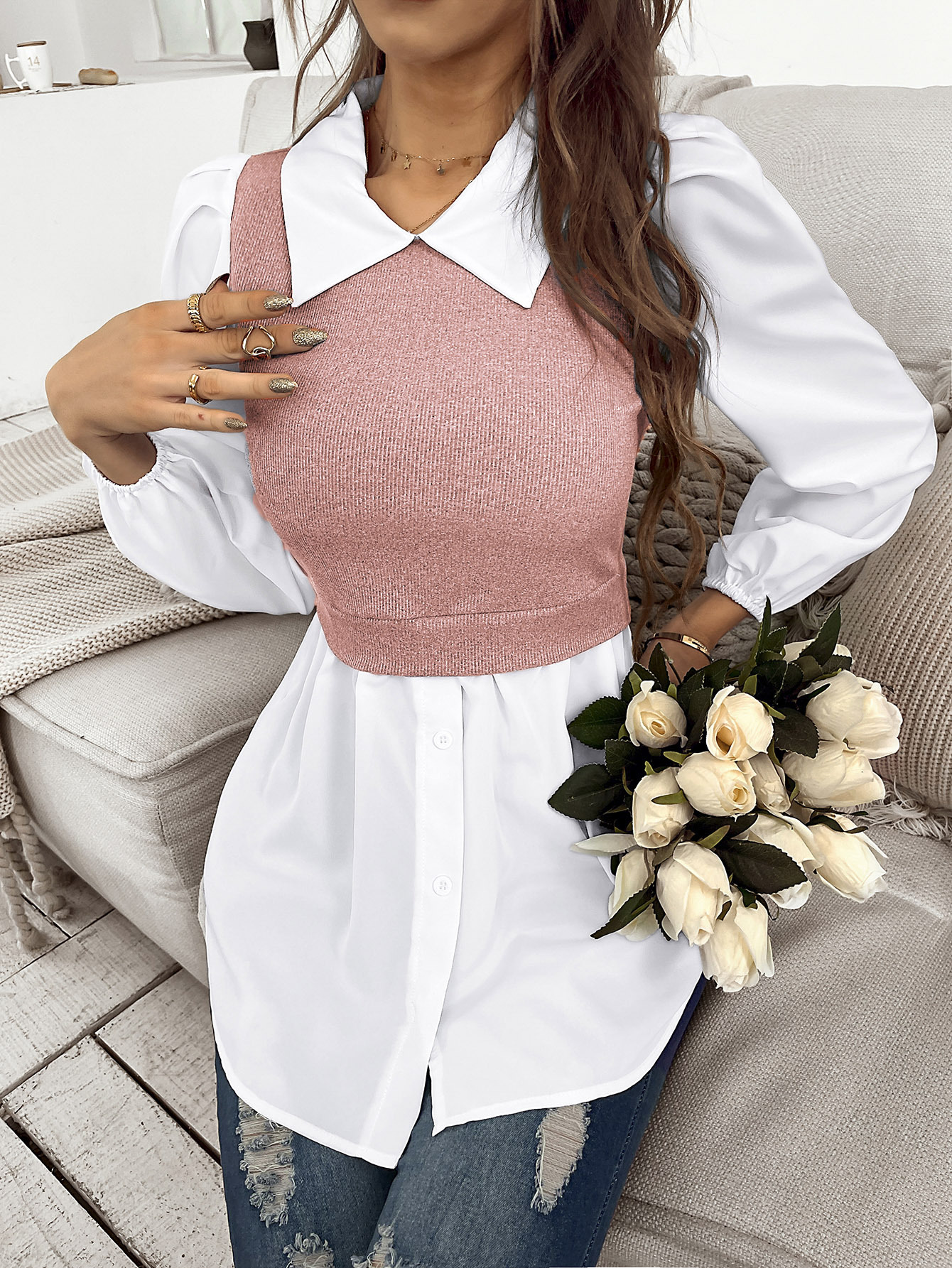 Frau Bluse Lange Ärmel Blusen 2 In 1 Taste Einfacher Stil Farbblock display picture 5