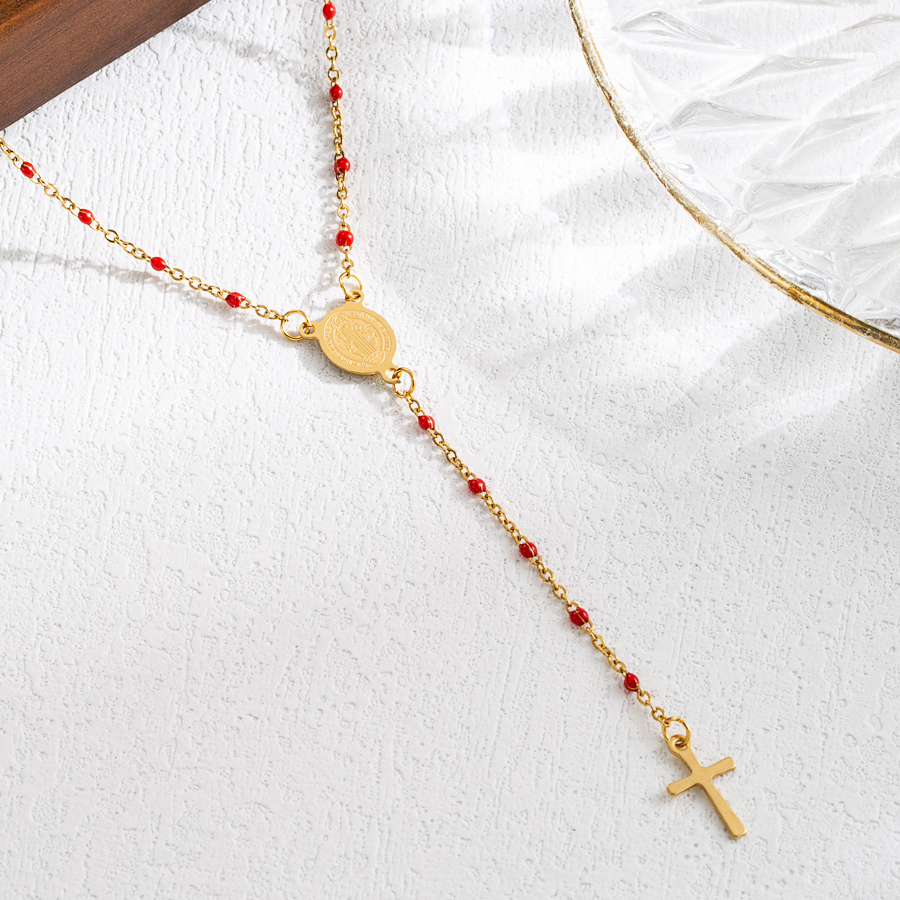 Elegant Classical Cross Virgin Mary Priest Stainless Steel Beaded Plating 18k Gold Plated Necklace display picture 3