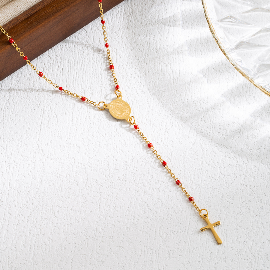 Elegant Classical Cross Virgin Mary Priest Stainless Steel Beaded Plating 18k Gold Plated Necklace display picture 7