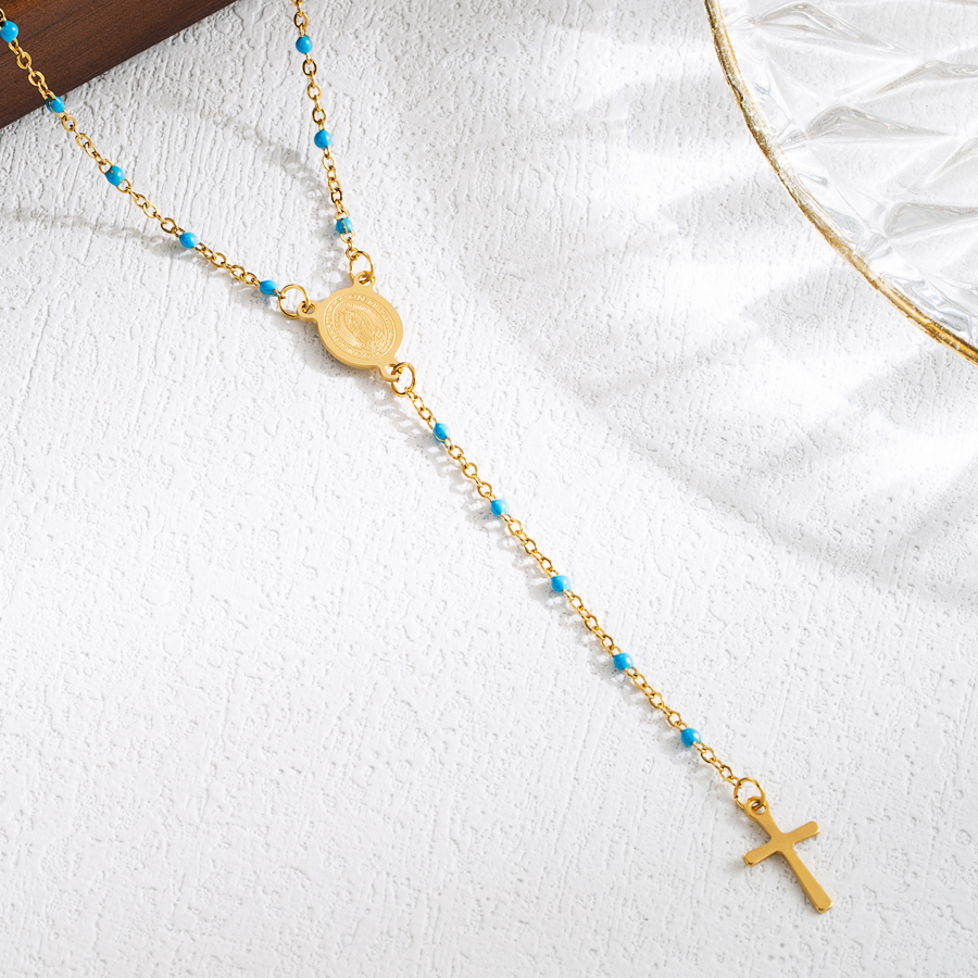 Elegant Classical Cross Virgin Mary Priest Stainless Steel Beaded Plating 18k Gold Plated Necklace display picture 8